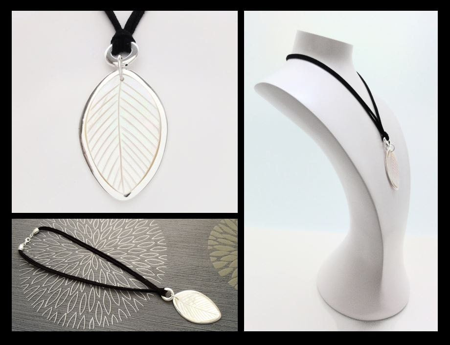 Leaf Necklace, Genuine White Mother of Pearl, Sterling Silver Pendant, Black Leather, Veins Laurel Leaf, Nature Jewelry Autumn Branch