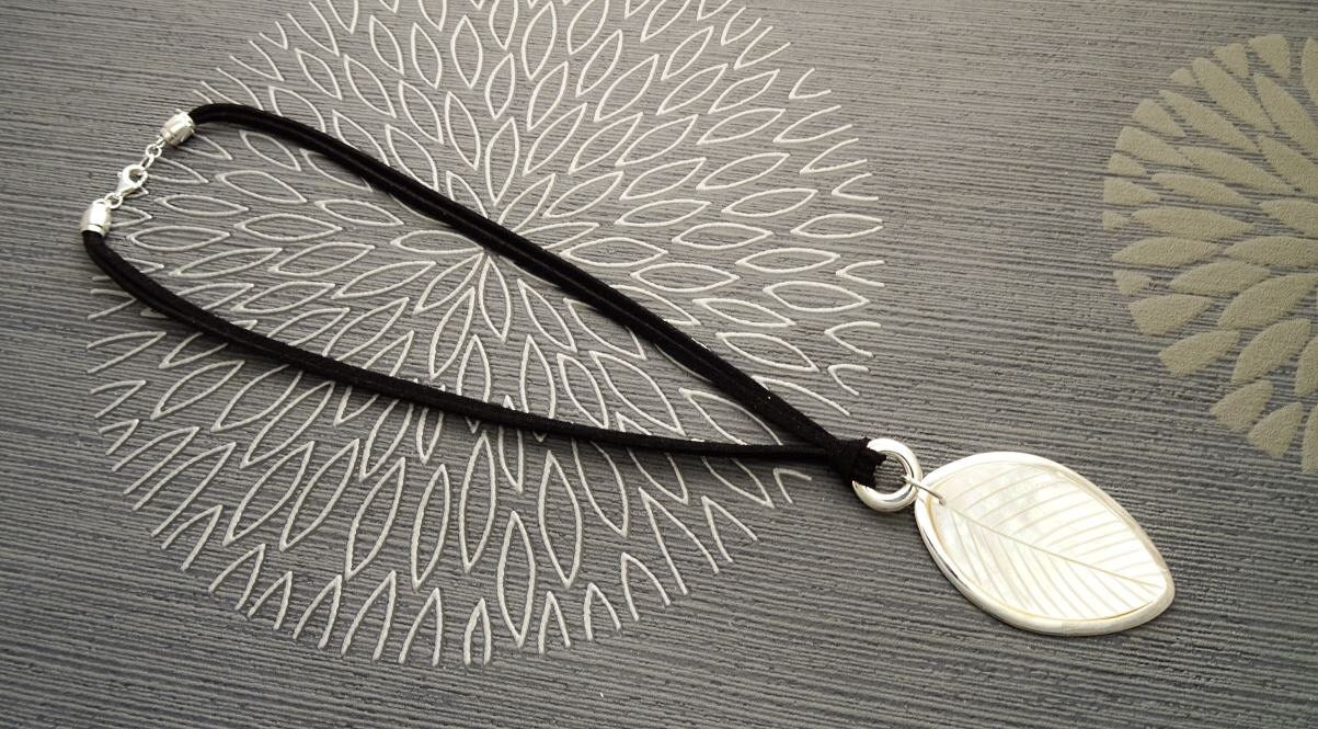 Leaf Necklace, Genuine White Mother of Pearl, Sterling Silver Pendant, Black Leather, Veins Laurel Leaf, Nature Jewelry Autumn Branch
