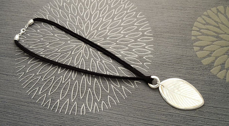 Leaf Necklace, Genuine White Mother of Pearl, Sterling Silver Pendant, Black Leather, Veins Laurel Leaf, Nature Jewelry Autumn Branch