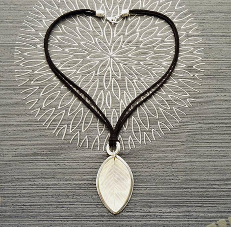 Leaf Necklace, Genuine White Mother of Pearl, Sterling Silver Pendant, Black Leather, Veins Laurel Leaf, Nature Jewelry Autumn Branch