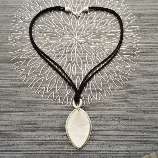 Leaf Necklace, Genuine White Mother of Pearl, Sterling Silver Pendant, Black Leather, Veins Laurel Leaf, Nature Jewelry Autumn Branch