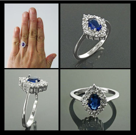 Blue Marquise Ring, Sterling Silver, Lab Diamonds simulant (CZ) and Lab Blue Sapphire simulant (CZ) Stones Ring, Classic Stone Jewelry