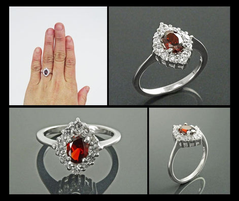 Red Ruby CZ Sterling Silver Marquise Ring, Cluster Engagement Ring