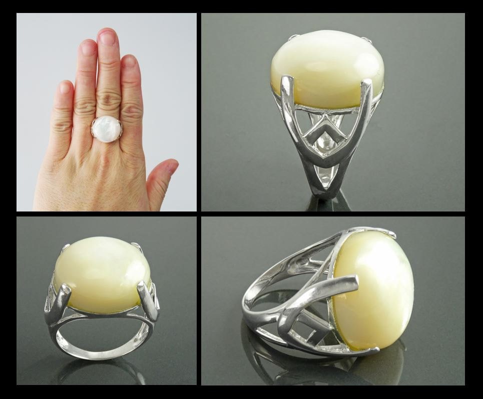 Modern Shell Ring, Sterling Silver, GENUINE Round White Mother of Pearl, Unique Designer Ring, Pearl Jewelry, Original Stone Ring