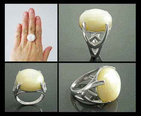 Modern Shell Ring, Sterling Silver, GENUINE Round White Mother of Pearl, Unique Designer Ring, Pearl Jewelry, Original Stone Ring
