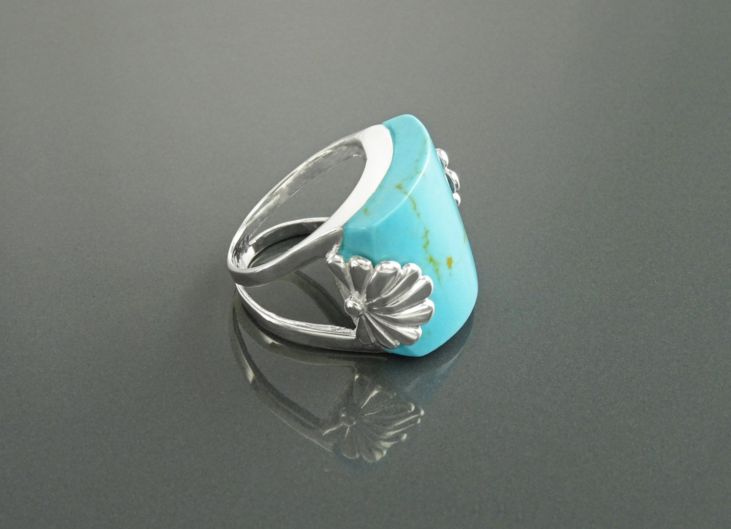 Antique Turquoise Ring, Sterling Silver, Blue Turquoise Curved Square Stone Ring, Art-Nouveau Art-Deco Jewelry