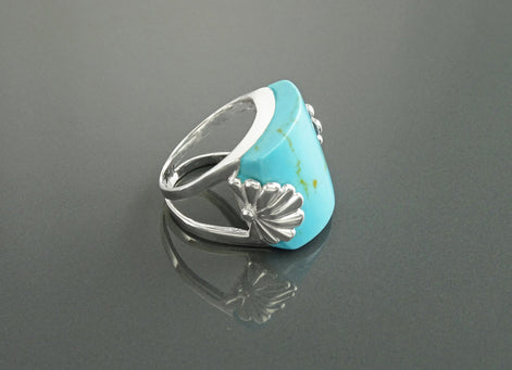 Antique Turquoise Ring, Sterling Silver, Blue Turquoise Curved Square Stone Ring, Art-Nouveau Art-Deco Jewelry