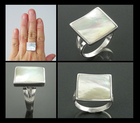White Square Ring, Sterling Silver, Minimalist Geometric White Stone Ring, Mother of Pearl Shell , Curved Stone, Modern Minimal Jewelry