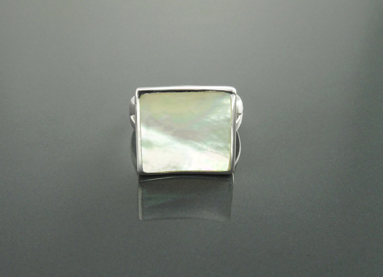 White Square Ring, Sterling Silver, Minimalist Geometric White Stone Ring, Mother of Pearl Shell , Curved Stone, Modern Minimal Jewelry