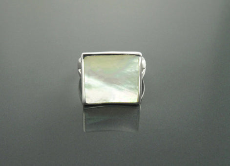 White Square Ring, Sterling Silver, Minimalist Geometric White Stone Ring, Mother of Pearl Shell , Curved Stone, Modern Minimal Jewelry