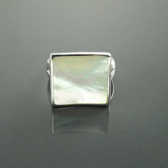 White Square Ring, Sterling Silver, Minimalist Geometric White Stone Ring, Mother of Pearl Shell , Curved Stone, Modern Minimal Jewelry