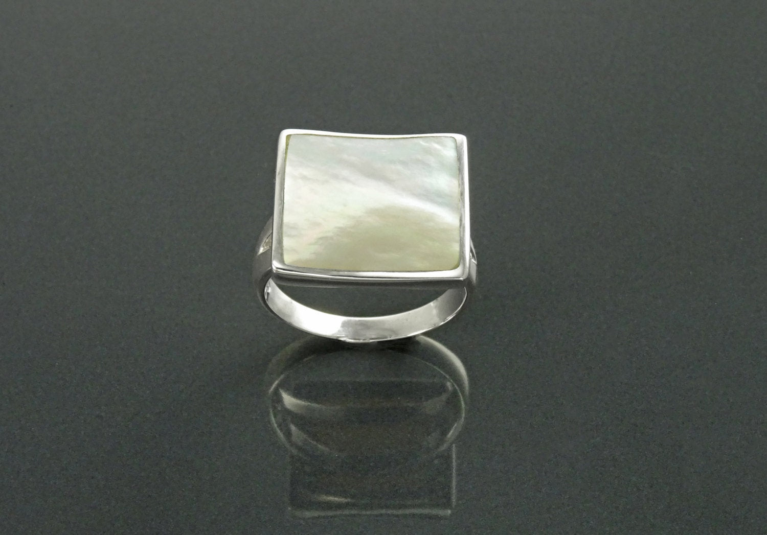 White Square Ring, Sterling Silver, Minimalist Geometric White Stone Ring, Mother of Pearl Shell , Curved Stone, Modern Minimal Jewelry