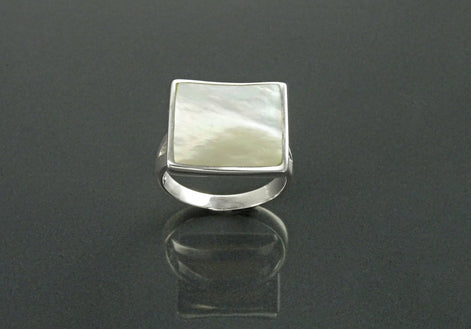 White Square Ring, Sterling Silver, Minimalist Geometric White Stone Ring, Mother of Pearl Shell , Curved Stone, Modern Minimal Jewelry