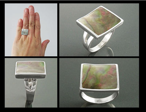 Square Ring, Sterling Silver, Curved Square Stone Ring, Genuine Grey Paua Shell jewelry, Modern Geometric Ring, Rainbow Color, Gray