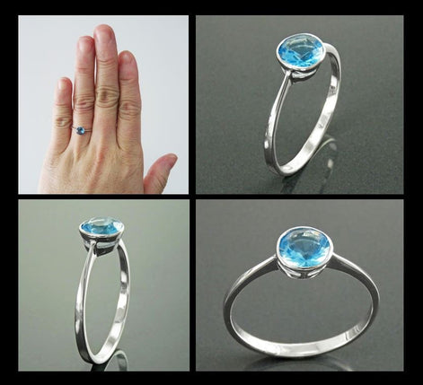 Blue CZ Sterling Silver Solitaire Ring, Handmade