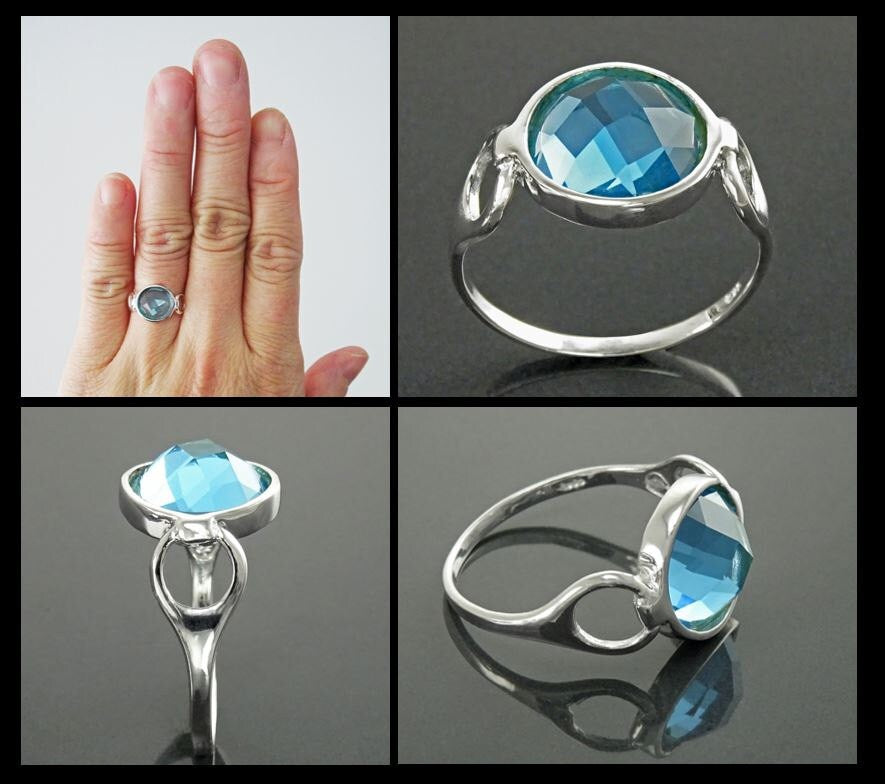 Blue Round Ring, Sterling Silver, Blue Aquamarine Color Stone (CZ), Faceted Round Cushion, Modern Ring, Unusual Original Setting,