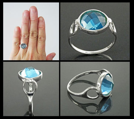 Blue Round Ring, Sterling Silver, Blue Aquamarine Color Stone (CZ), Faceted Round Cushion, Modern Ring, Unusual Original Setting,