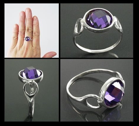 Purple Ring, Sterling Silver, Amethyst Color Round Stone (CZ), Unique Faceted Round Stone, Original Solitaire Violet Stone Jewelry