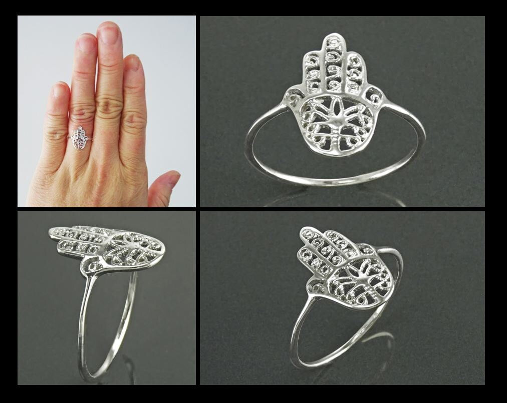 Hamsa Ring, Sterling Silver, Good Luck, Hand of Fatima Ring, Dainty Midi Ring, Hand of God, Filigree Hamsa Ring, against evil eye Ring