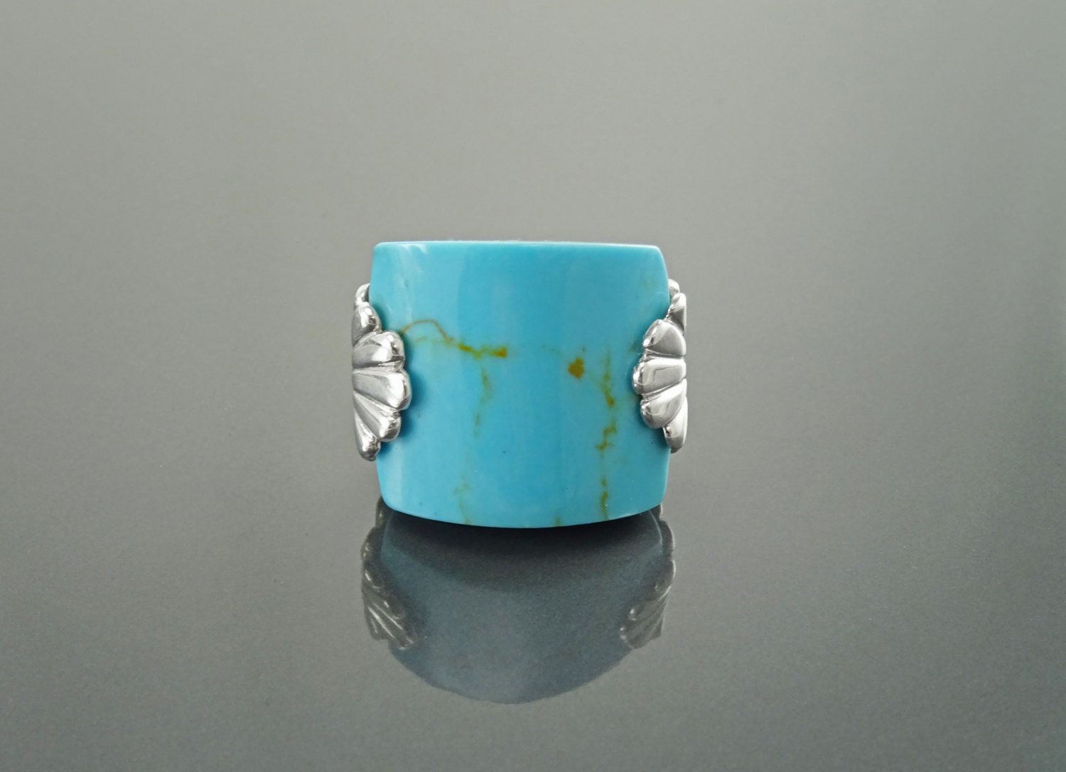 Antique Turquoise Ring, Sterling Silver, Blue Turquoise Curved Square Stone Ring, Art-Nouveau Art-Deco Jewelry