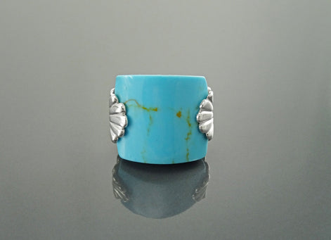 Antique Turquoise Ring, Sterling Silver, Blue Turquoise Curved Square Stone Ring, Art-Nouveau Art-Deco Jewelry