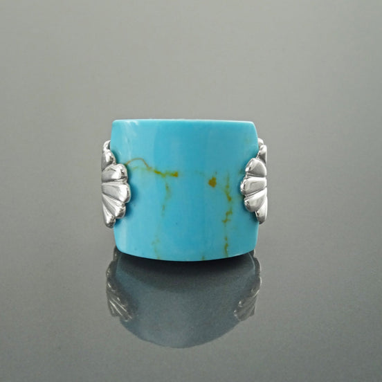 Antique Turquoise Ring, Sterling Silver, Blue Turquoise Curved Square Stone Ring, Art-Nouveau Art-Deco Jewelry
