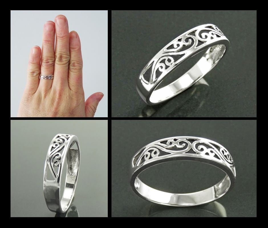Sterling Silver Filigree Band Ring, Art Nouveau Style