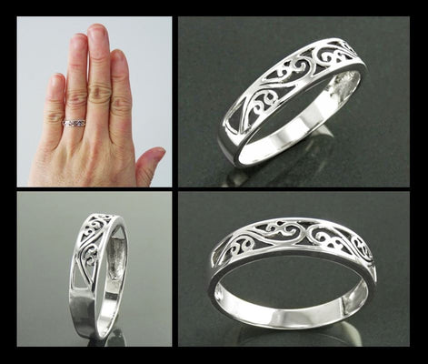 Sterling Silver Filigree Band Ring, Art Nouveau Style