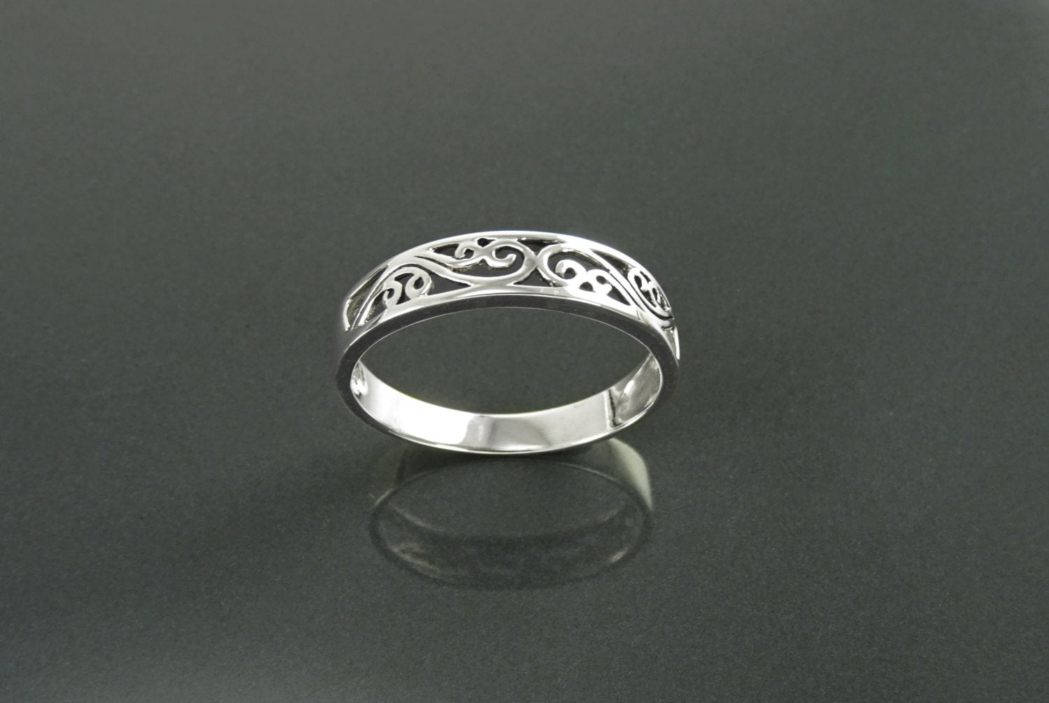 Sterling Silver Filigree Band Ring, Art Nouveau Style
