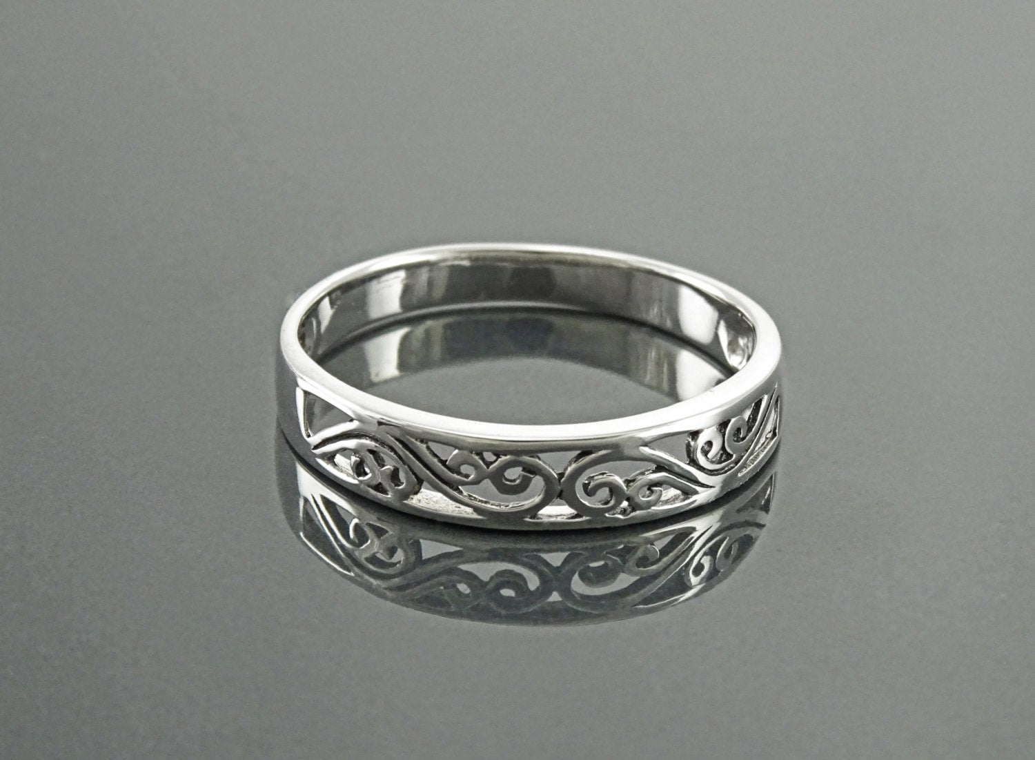 Sterling Silver Filigree Band Ring, Art Nouveau Style