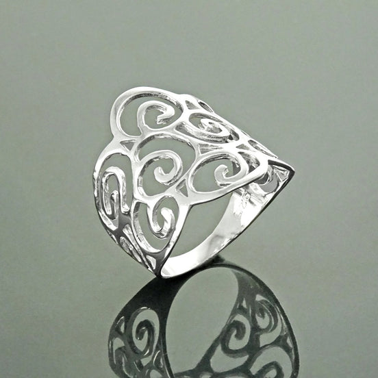 Scroll Filigree Ring, Sterling Silver, Scrolls Design Ring, Spirals Pattern Ring, Wide Band Ring, Elegant Ring, Lace Ring, Open Work Ring