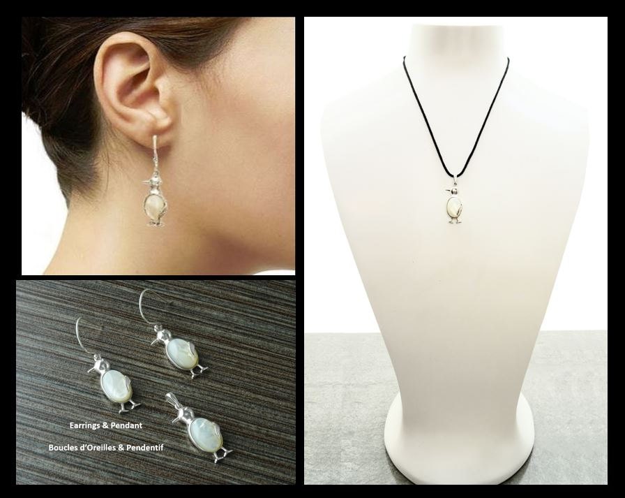 Sterling Silver Penguin Earrings, Mother of Pearl Dangle Earrings