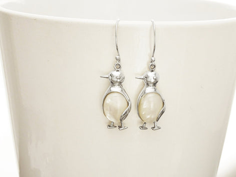 Sterling Silver Penguin Earrings, Mother of Pearl Dangle Earrings