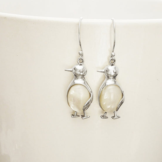 Sterling Silver Penguin Earrings, Mother of Pearl Dangle Earrings