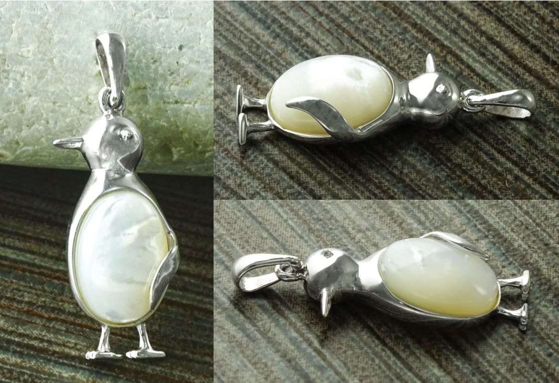 Sterling Silver Penguin Earrings, Mother of Pearl Dangle Earrings
