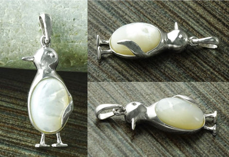 Sterling Silver Penguin Earrings, Mother of Pearl Dangle Earrings