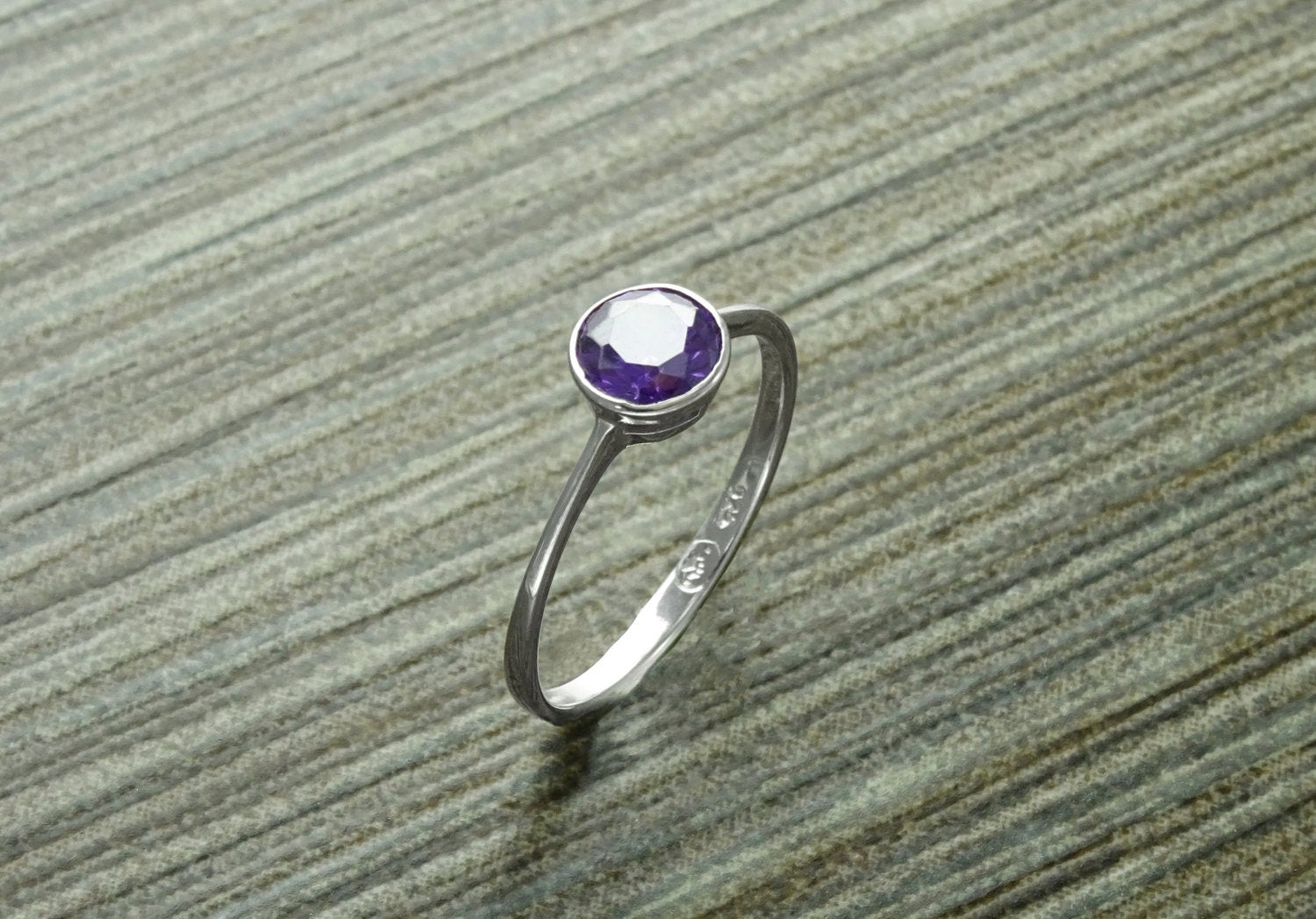 Purple Stone Ring, Sterling Silver, Comfortable Low Round Setting Ring, Amethyst simulant Stone (CZ), Minimalist Purple Solitaire Ring