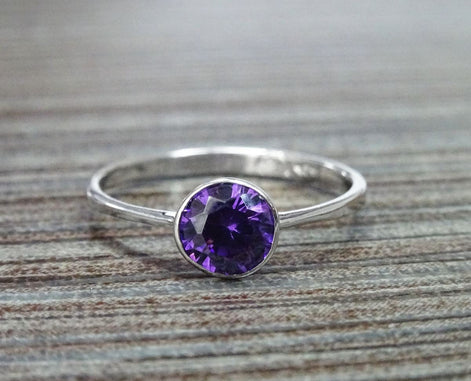 Purple Stone Ring, Sterling Silver, Comfortable Low Round Setting Ring, Amethyst simulant Stone (CZ), Minimalist Purple Solitaire Ring