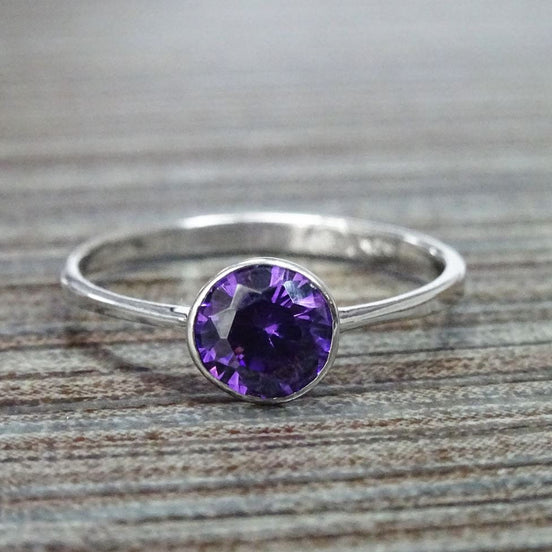 Purple Stone Ring, Sterling Silver, Comfortable Low Round Setting Ring, Amethyst simulant Stone (CZ), Minimalist Purple Solitaire Ring