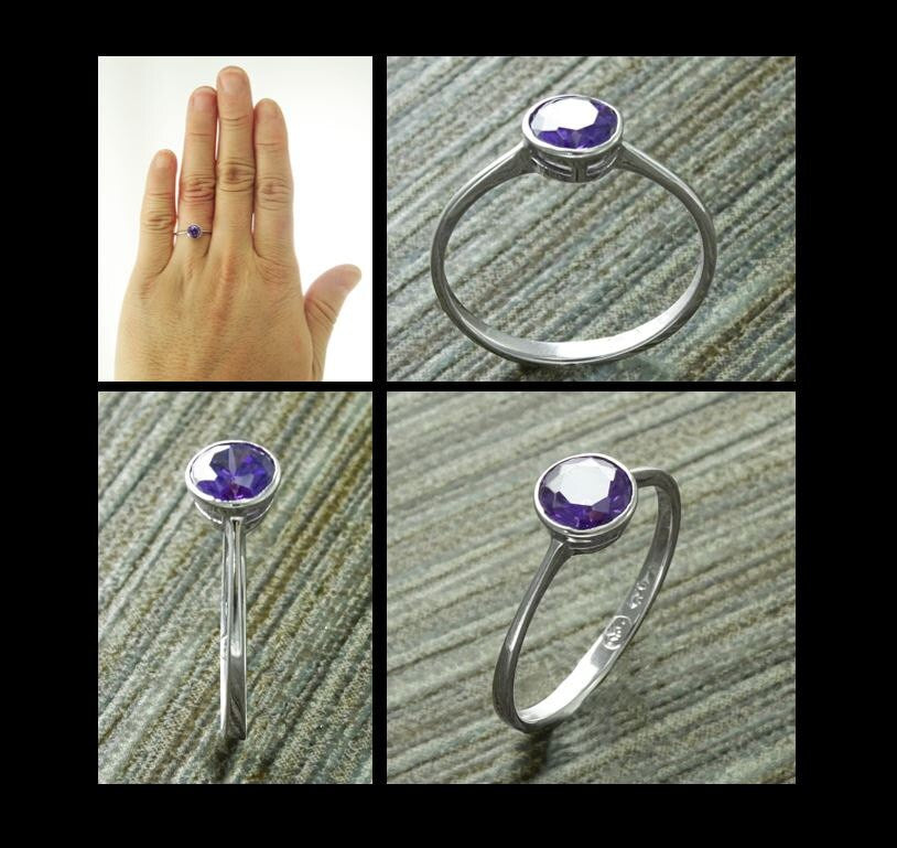 Purple Stone Ring, Sterling Silver, Comfortable Low Round Setting Ring, Amethyst simulant Stone (CZ), Minimalist Purple Solitaire Ring