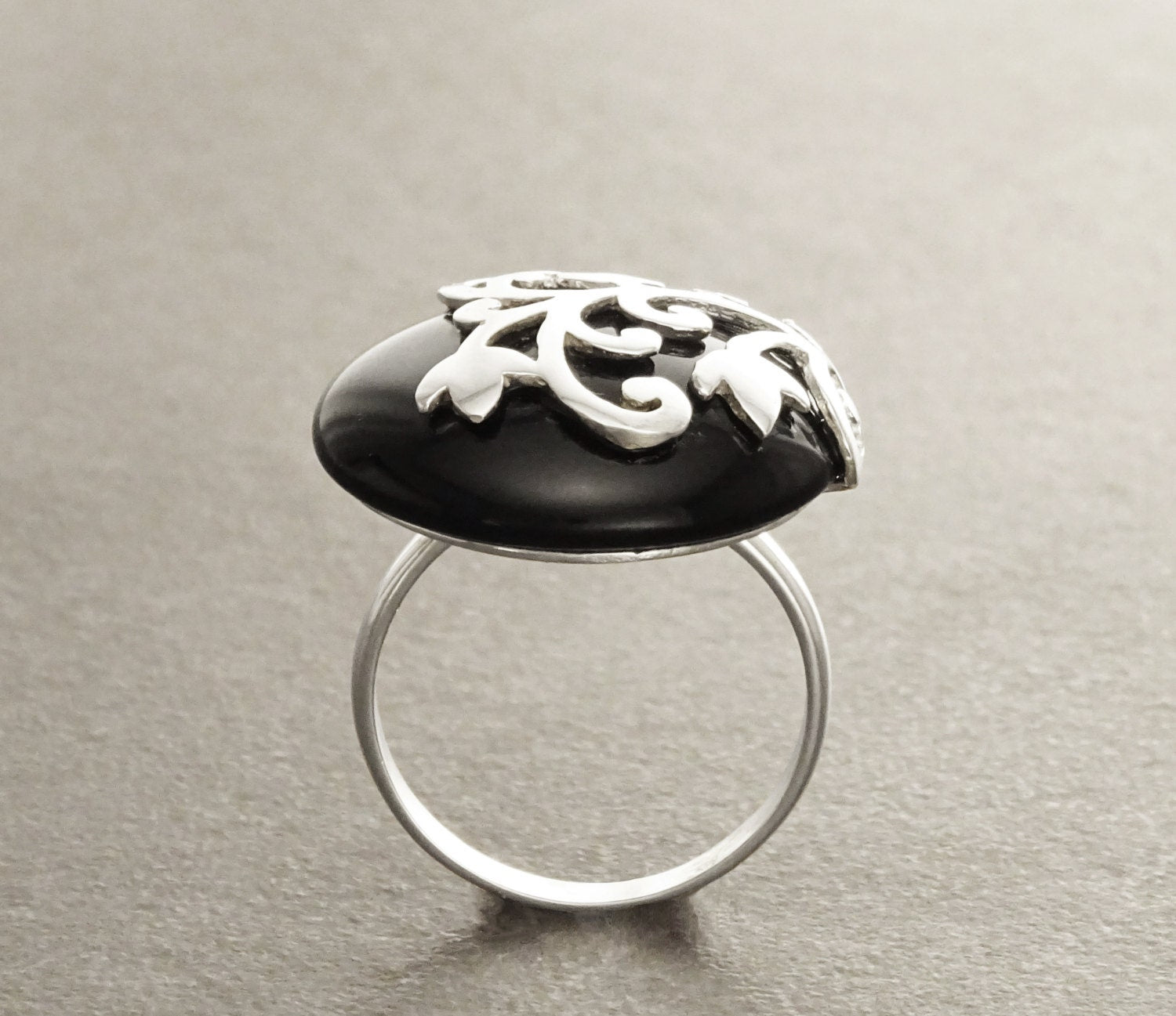 Black Onyx Ring - Flower filigree - Genuine Onyx - Art Nouveau Ring - Sterling Silver - shabby chic ring -Flower ring - Boho ring