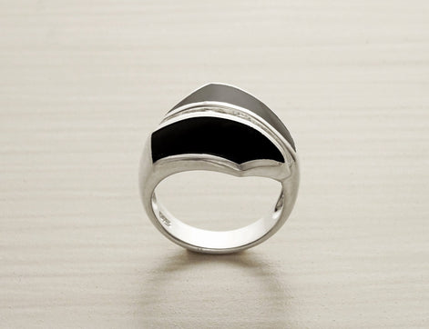 Onyx Bypass Ring - Sterling Silver - Black Onyx - Gemstone Crossing Ring - Designer Ring - Black Stone Ring - Framed Geometrical Ring