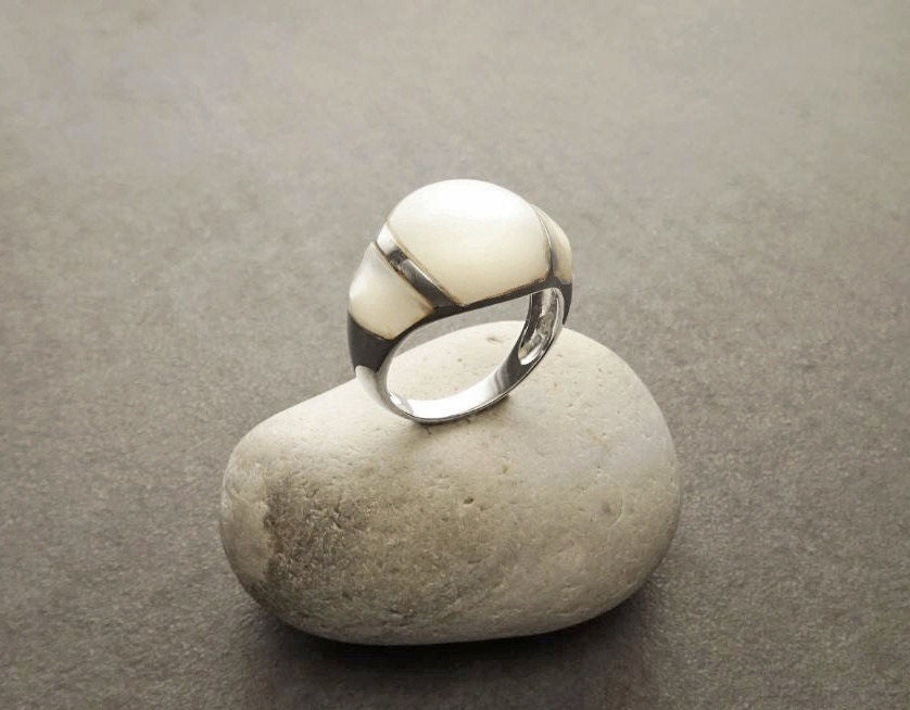 White Band Ring - Sterling Silver - Dome Ring - Mother of Pearl Shell - Gemstone Ring - Modern Stone Ring - shabby chic ring - Boho Ring
