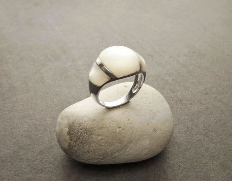 White Band Ring - Sterling Silver - Dome Ring - Mother of Pearl Shell - Gemstone Ring - Modern Stone Ring - shabby chic ring - Boho Ring