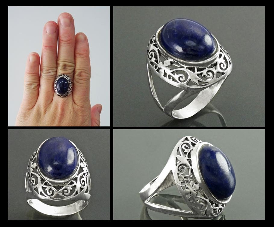 Oval Lapis Lazuli Sterling Silver Ring, Antique Filigree Statement Jewelry