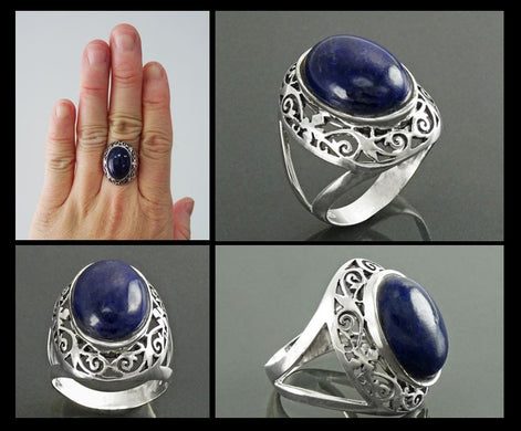 Oval Lapis Lazuli Sterling Silver Ring, Antique Filigree Statement Jewelry