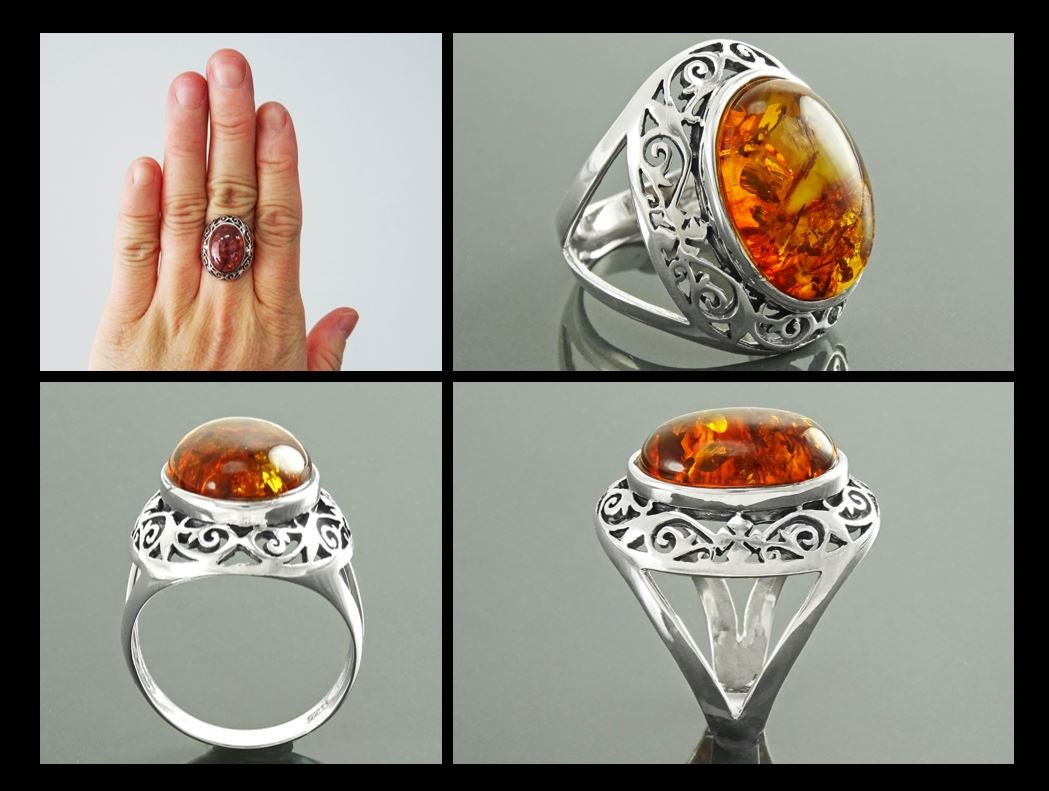 925 Sterling Silver Filigree Amber Ring, Vintage Oval Gemstone Statement Jewelry