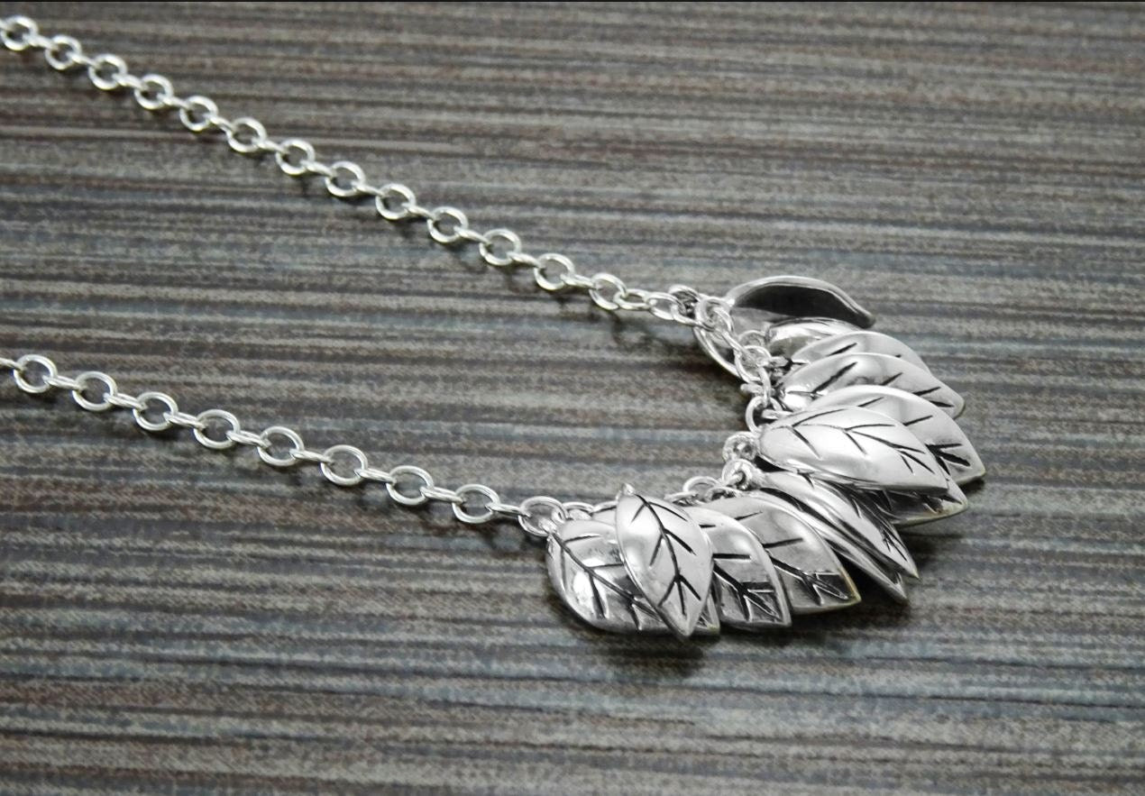 Leaves Necklace, Sterling Silver, nature inspired collar, handcrafted foliage design, woman gift