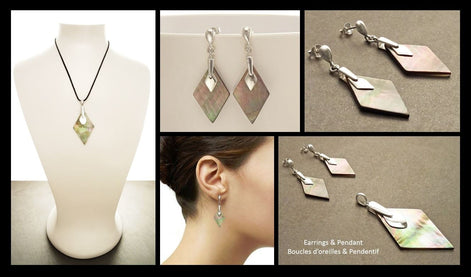 Gray Earrings Set, Sterling Silver, Diamond Square Shape Stone, Genuine Grey rainbow Paua Shell, Modern Minimalist Geometric Stone Jewelry