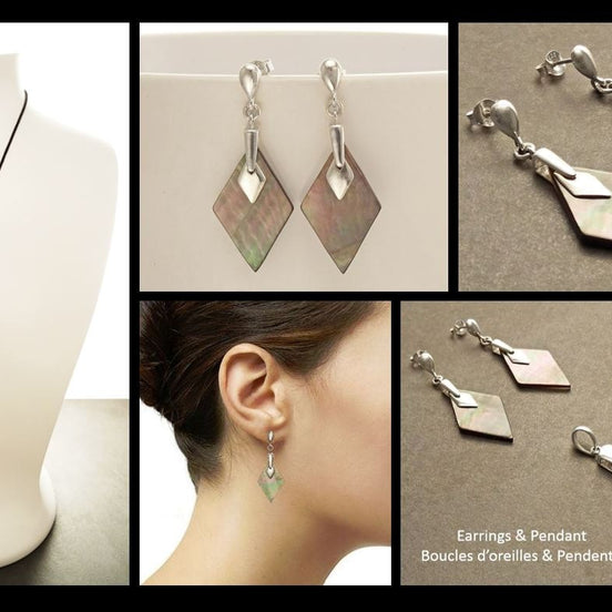 Gray Earrings Set, Sterling Silver, Diamond Square Shape Stone, Genuine Grey rainbow Paua Shell, Modern Minimalist Geometric Stone Jewelry